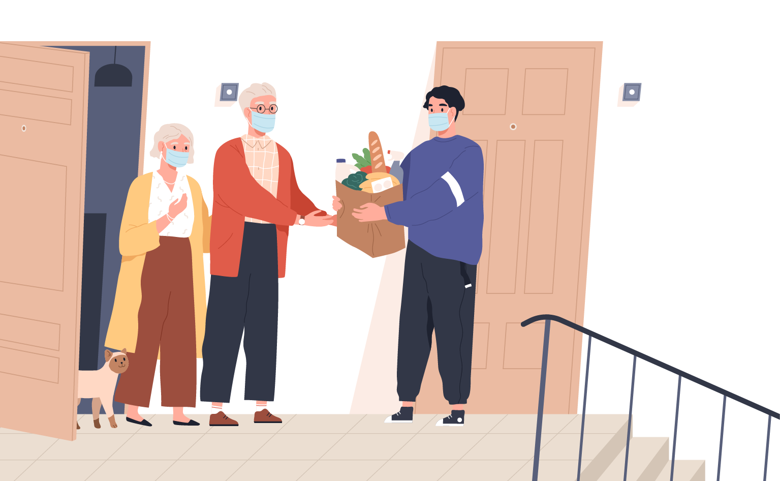 A person handing two people a box of groceries